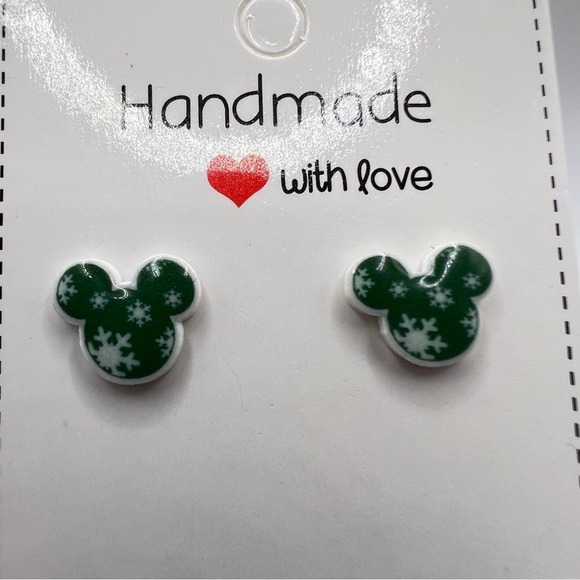 Green Mickey Mouse snowflake stud earrings. Christmas, Winter, Holiday. - Picture 7 of 9